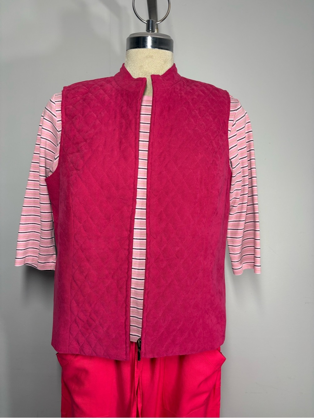JM Collection Quilted Hot Pink Stand Collar Vest